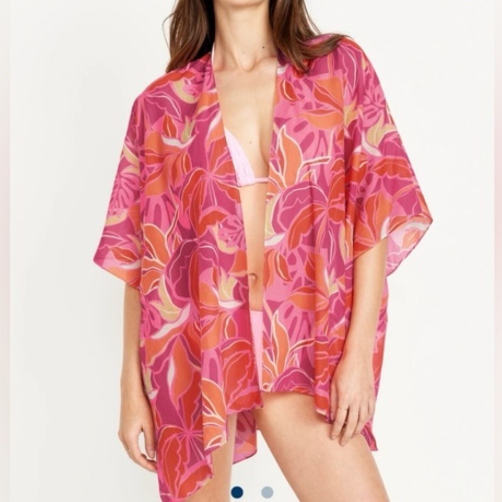 Old Navy Pink Floral Open Front Swim Coverup Kimono Size XS-L